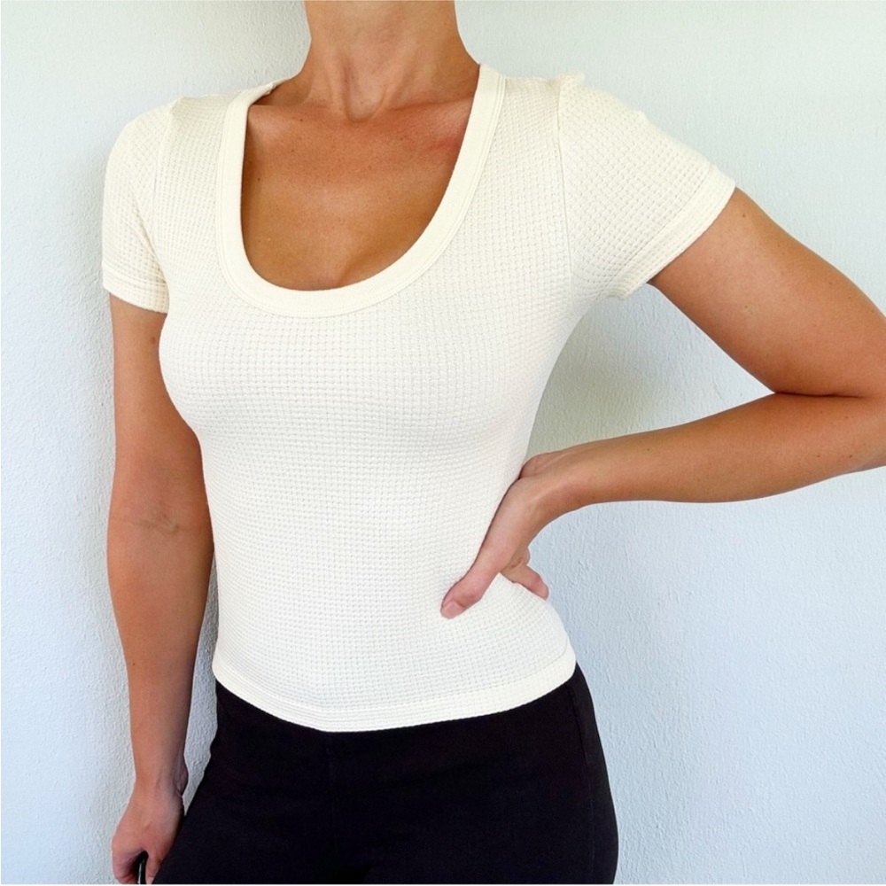 Gypsy + Jade white waffle knit scoop neck thermal short sleeve tee size S/M